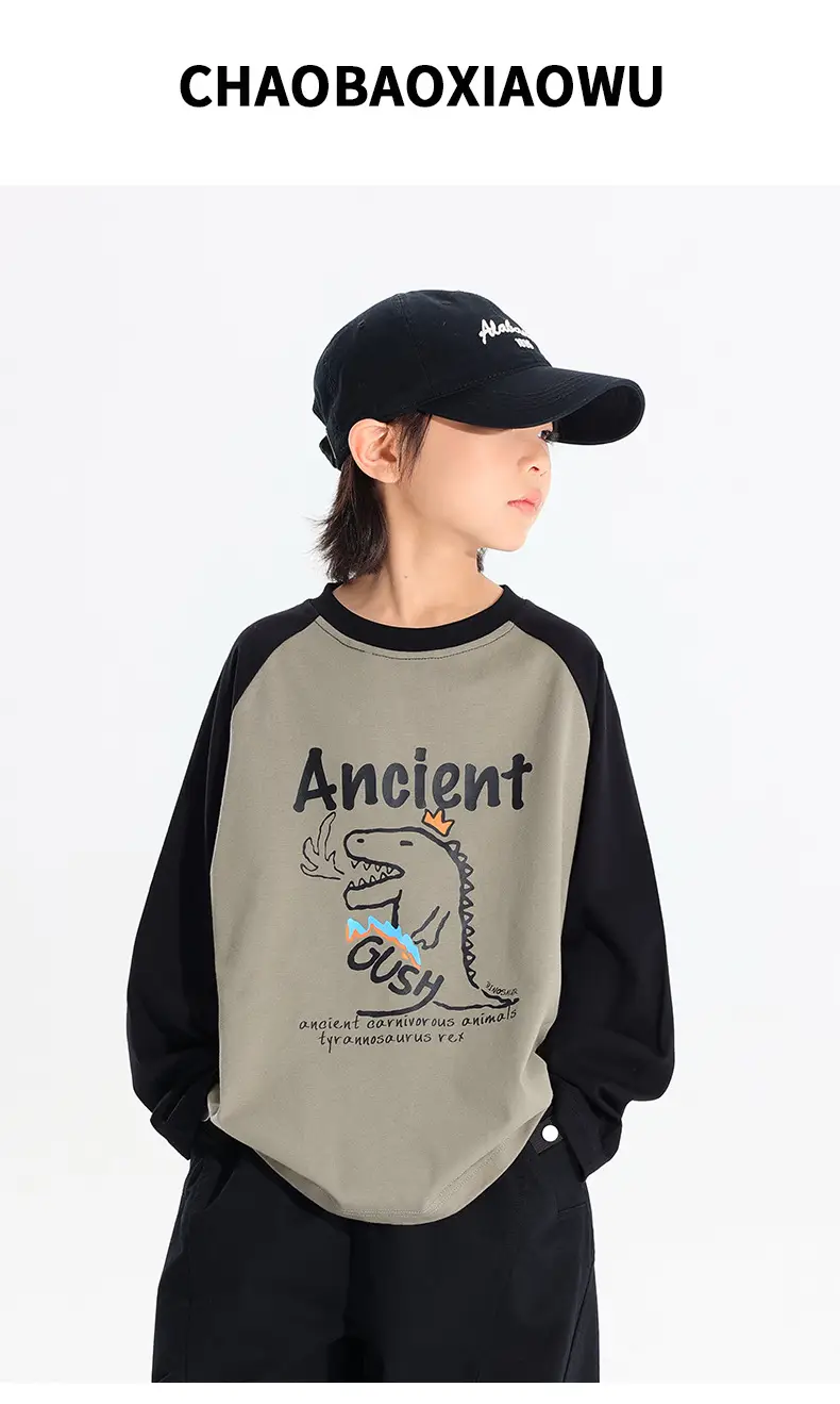 Kids Japanese Print Raglan Sleeve T-Shirt Grey Black 2025 — feature 1