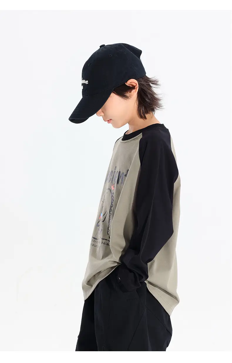 Kids Japanese Print Raglan Sleeve T-Shirt Grey Black 2025 — feature 15