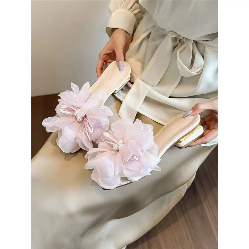 High-Looking Soft Leather Holiday Style Thick-Heeled Sandals for Women, New Outer Wear, Fashionable Flat Slippers, Summer Flowers