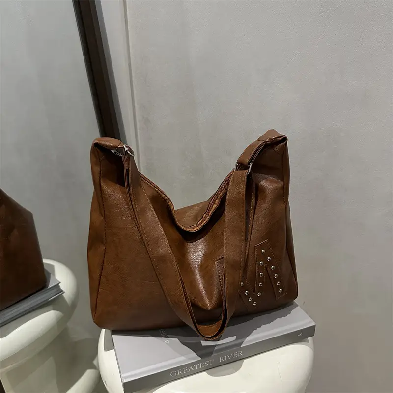 Brown Rivet Shoulder Bag Large Capacity Women - Image 8