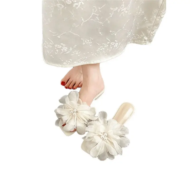 French Fairy Style Pearl Thick Heel Versatile Sandals for Women Summer New Outer Wear Fashionable High-End Flat Slippers - Image 7