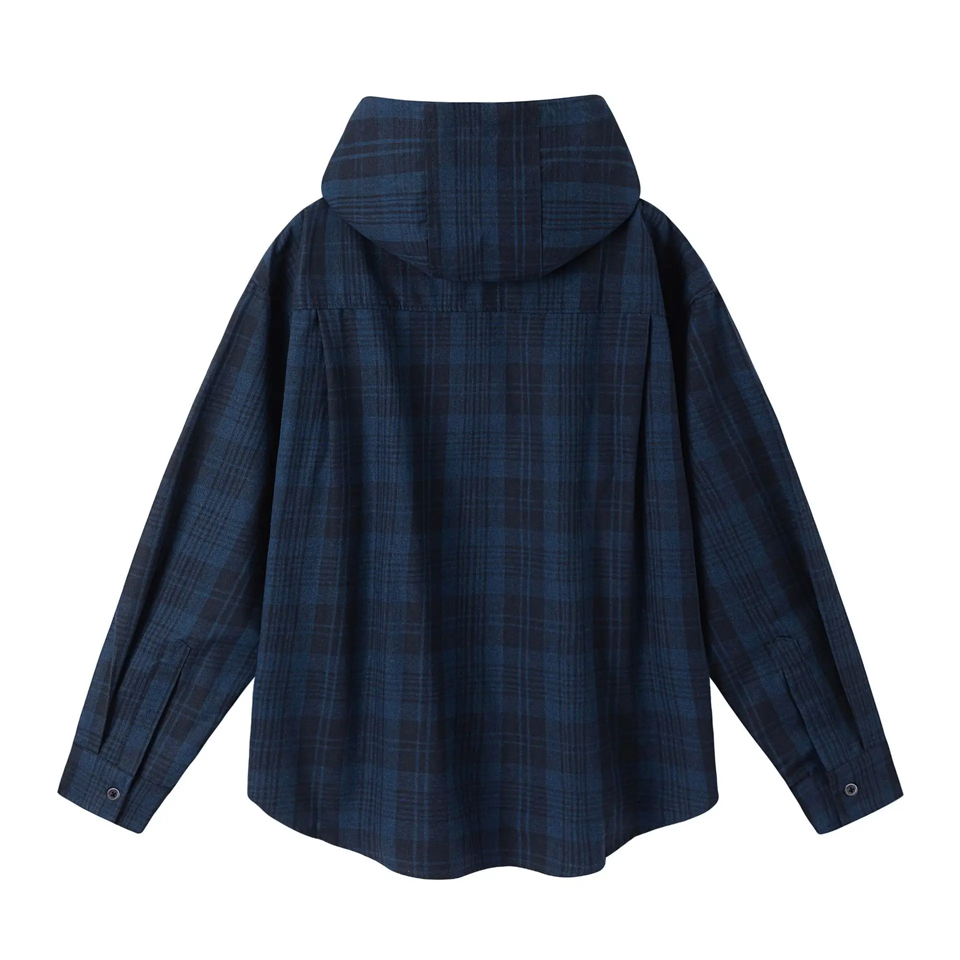 Dark Blue Plaid Hooded Shirt for Women Autumn Letter Print