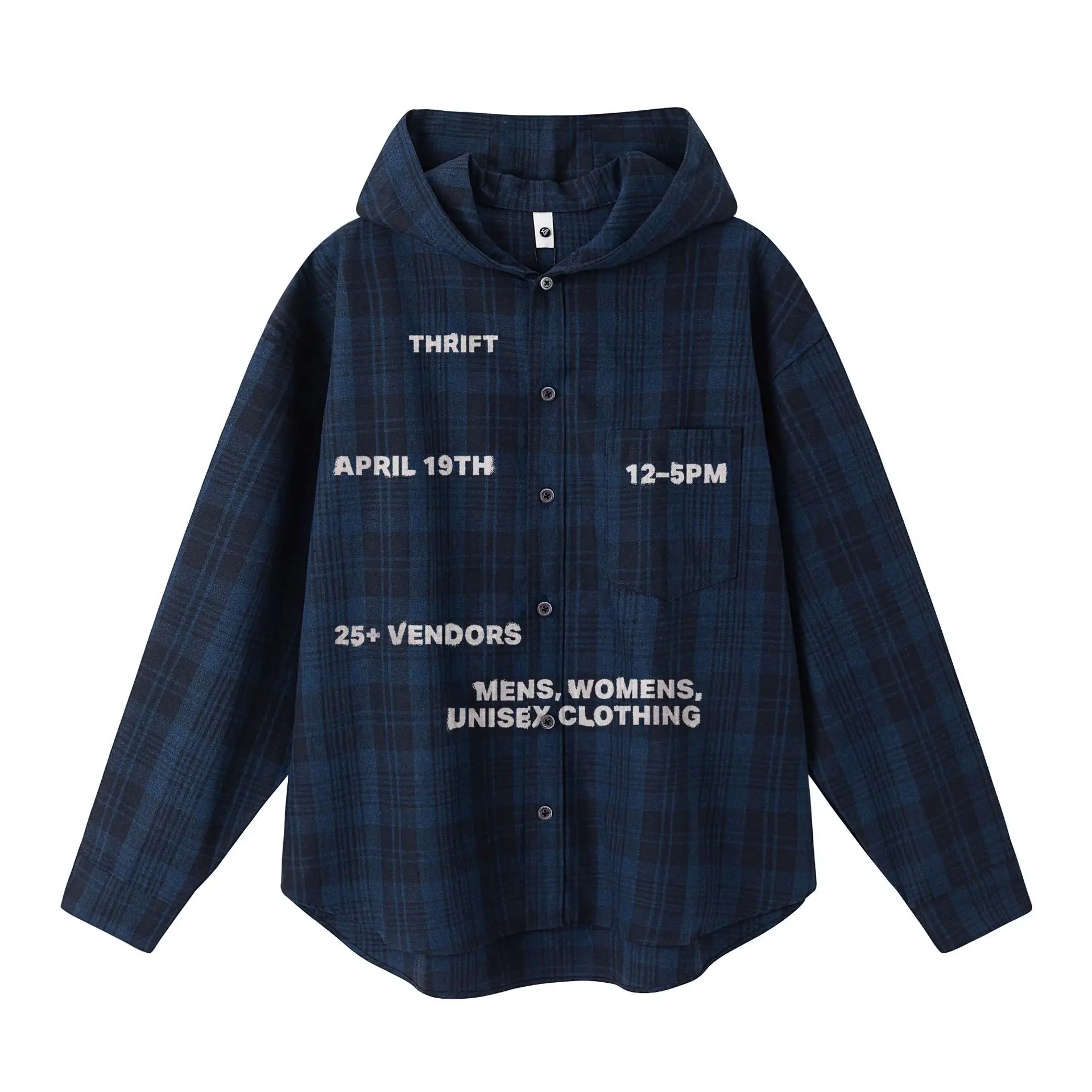 Dark Blue Plaid Hooded Shirt for Women Autumn Letter Print