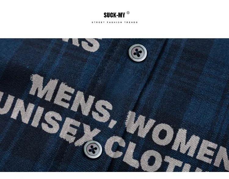 Dark Blue Plaid Hooded Shirt for Women Autumn Letter Print — feature 3