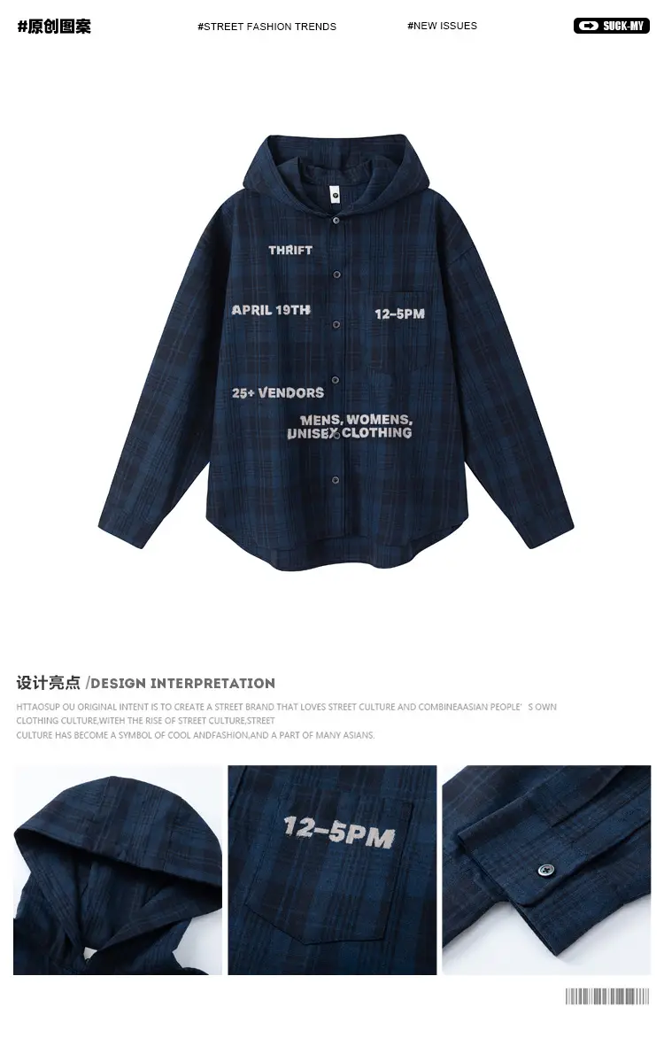 Dark Blue Plaid Hooded Shirt for Women Autumn Letter Print — feature 4