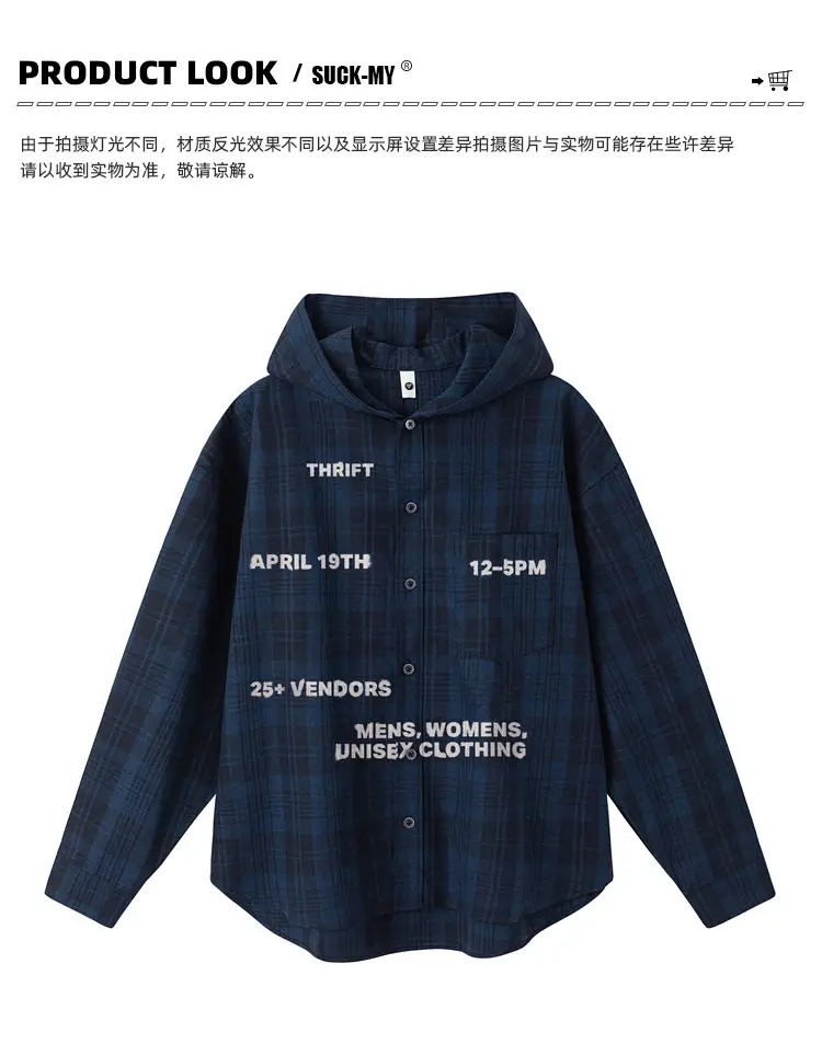 Dark Blue Plaid Hooded Shirt for Women Autumn Letter Print — feature 7