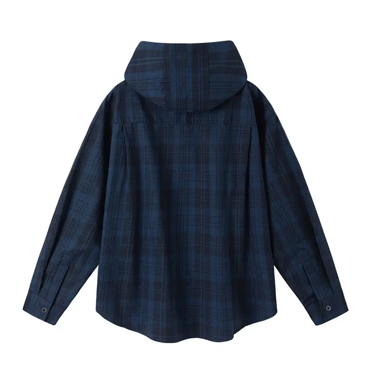 Dark Blue Plaid Hooded Shirt for Women Autumn Letter Print — feature 8
