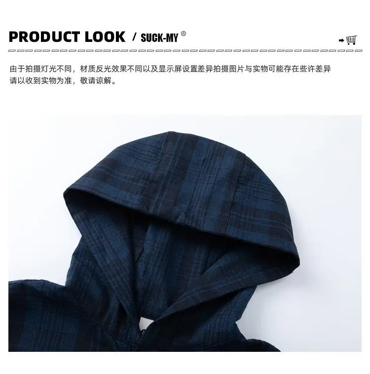 Dark Blue Plaid Hooded Shirt for Women Autumn Letter Print — feature 9