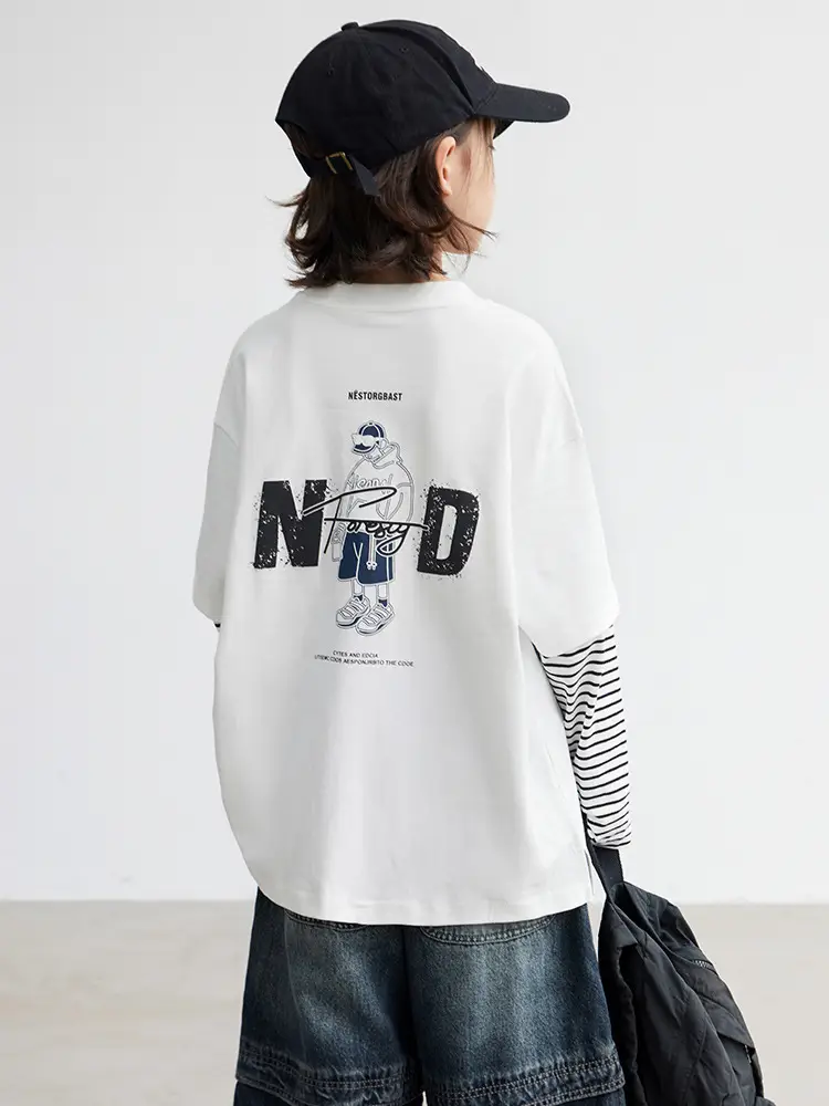 Boys Long Sleeve T-Shirt White Striped Cotton Spring Autumn 2026