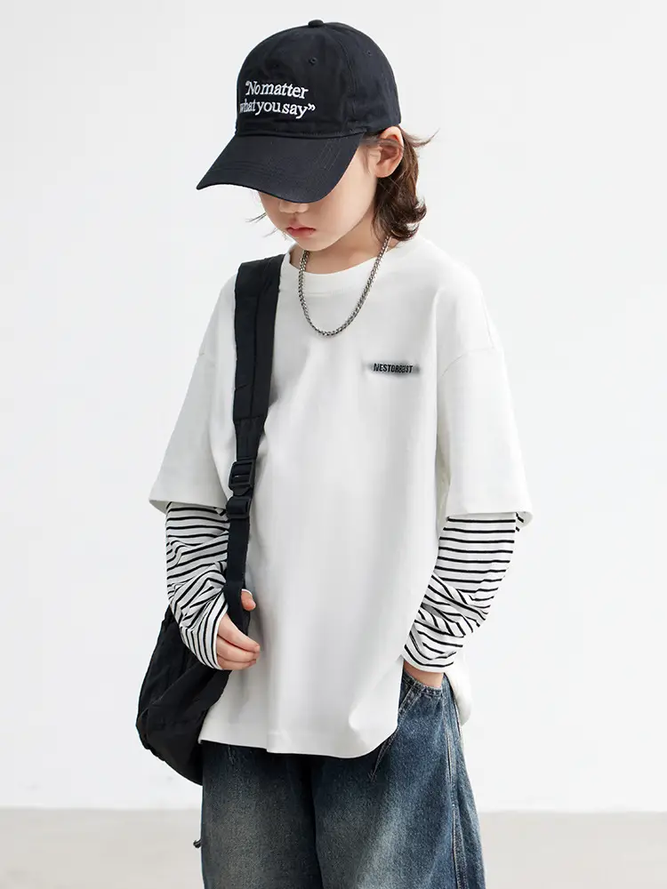 Boys Long Sleeve T-Shirt White Striped Cotton Spring Autumn 2026