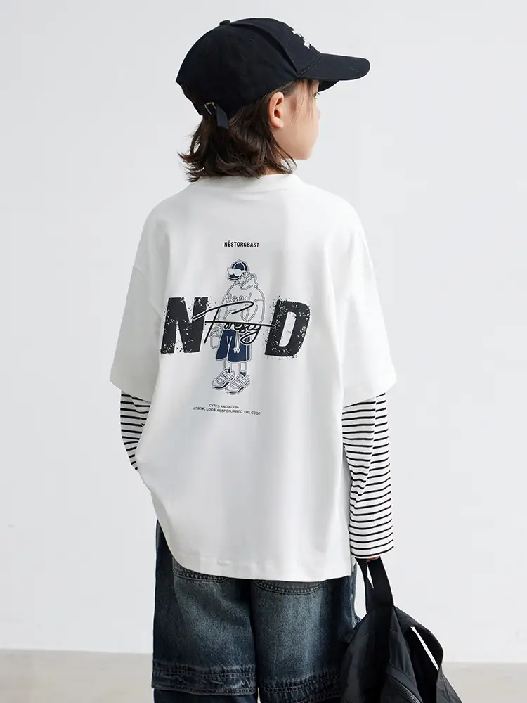 Boys Long Sleeve T-Shirt White Striped Cotton Spring Autumn 2026