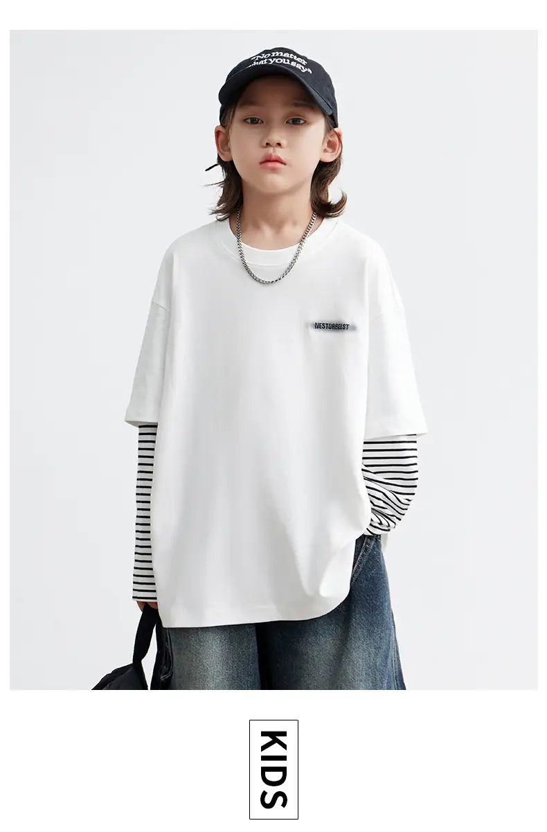 Boys Long Sleeve T-Shirt White Striped Cotton Spring Autumn 2026 — feature 13