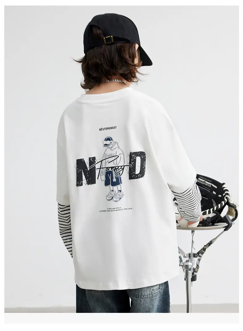 Boys Long Sleeve T-Shirt White Striped Cotton Spring Autumn 2026 — feature 14