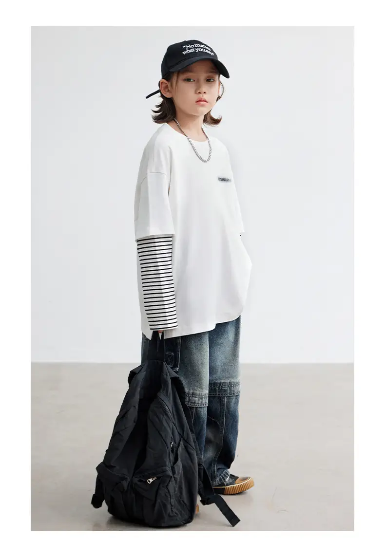 Boys Long Sleeve T-Shirt White Striped Cotton Spring Autumn 2026 — feature 16