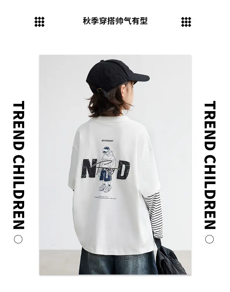 Boys Long Sleeve T-Shirt White Striped Cotton Spring Autumn 2026 — feature 9