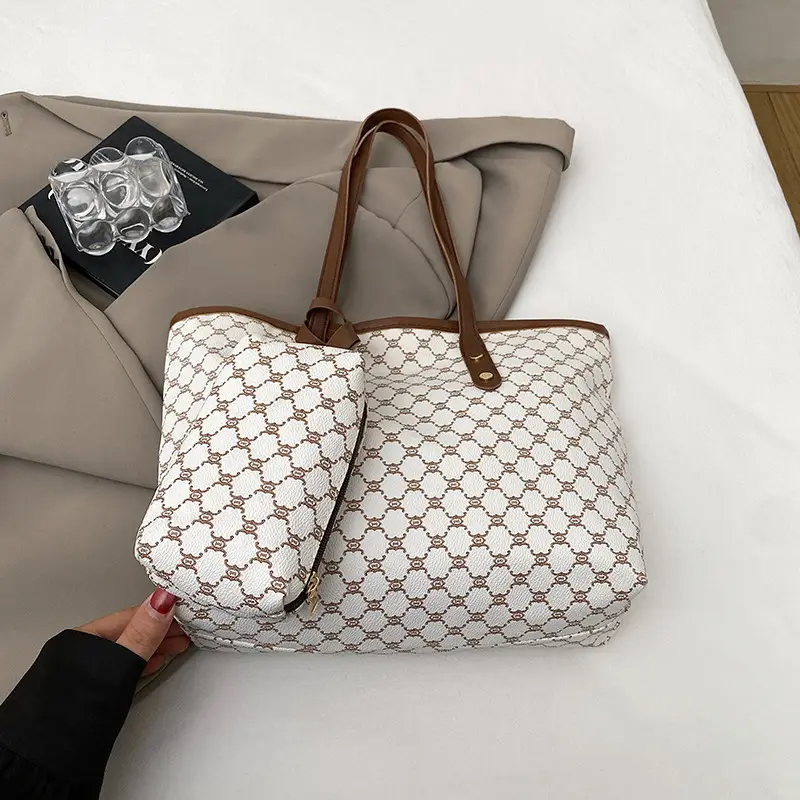 Women Large Capacity Satchel Bag White Monogram Pattern - Image 2