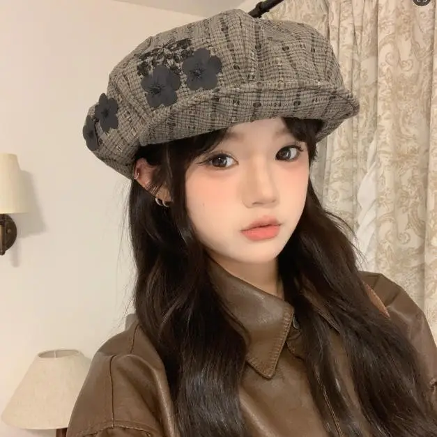Women Retro Plaid Peaked Cap Hat for Spring Summer Autumn