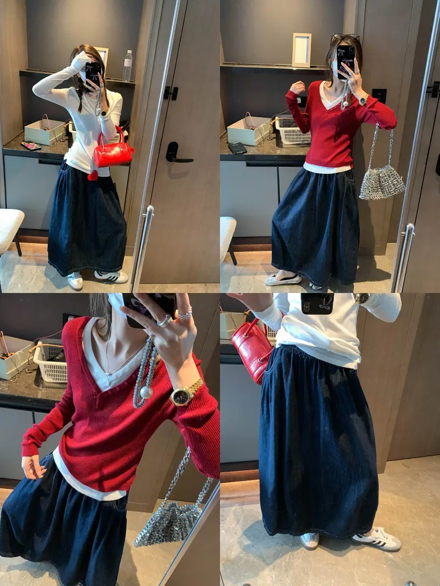Early Autumn Vintage Denim Skirt Dark Blue Pear Shaped High Waist Slimming