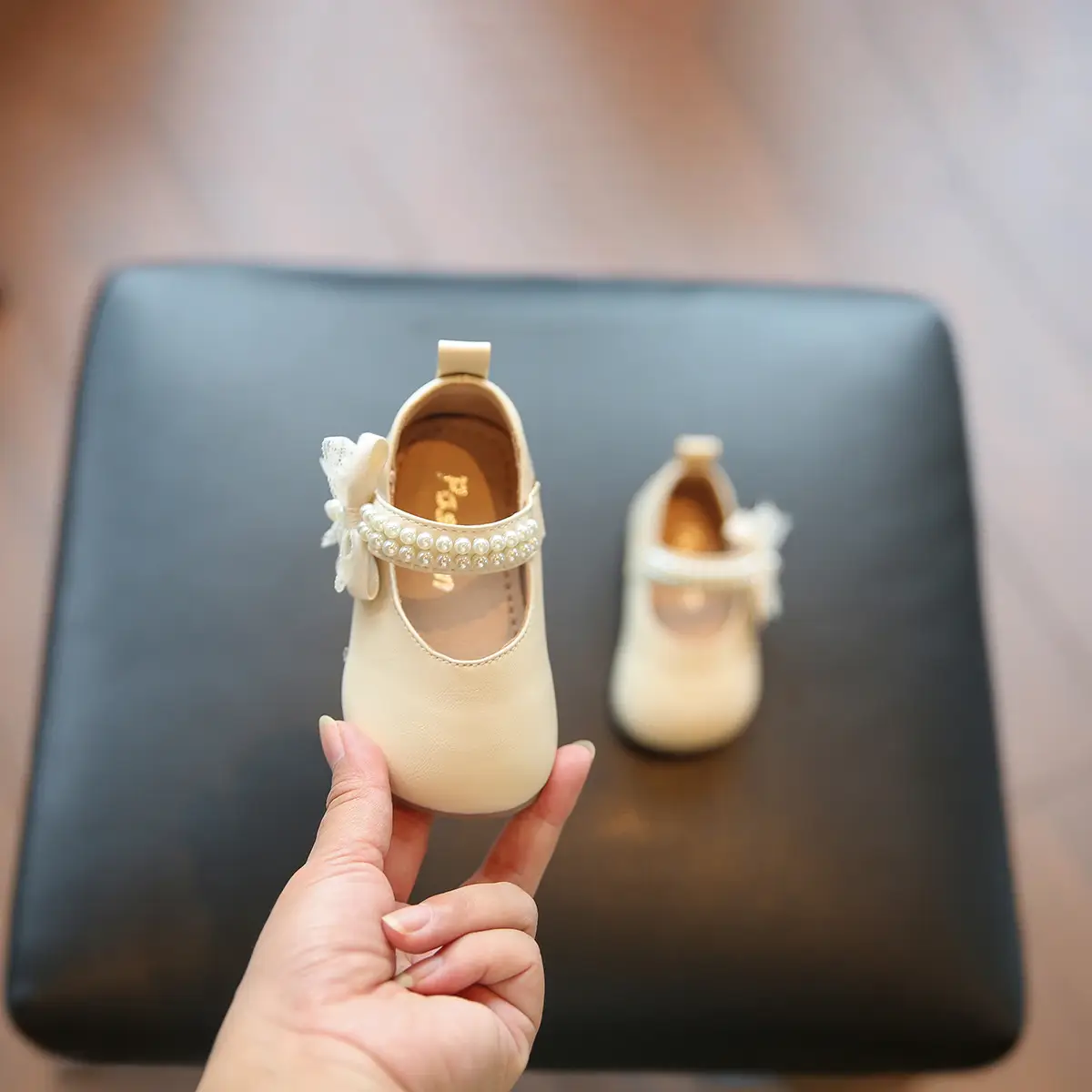 Baby Princess Bow Square Mouth Shoes Silver Non-Slip Sole