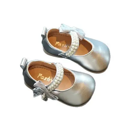 Baby Princess Bow Square Mouth Shoes Silver Non-Slip Sole