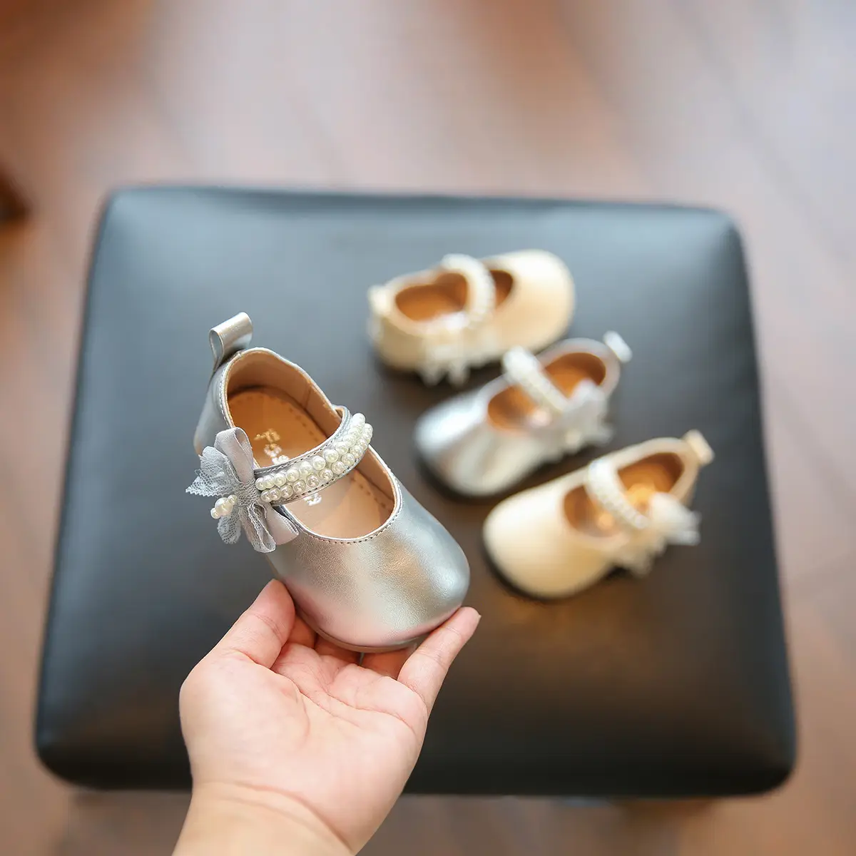 Baby Princess Bow Square Mouth Shoes Silver Non-Slip Sole — feature 13
