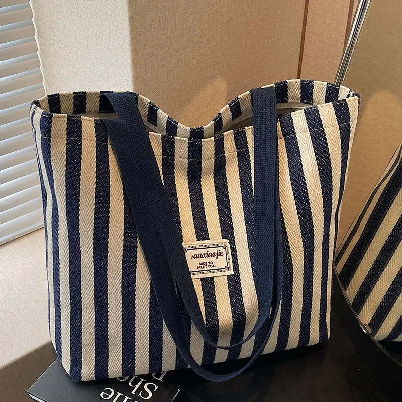 Women Striped Canvas Tote Bag 2026