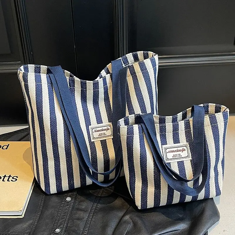 Women Striped Canvas Tote Bag 2026