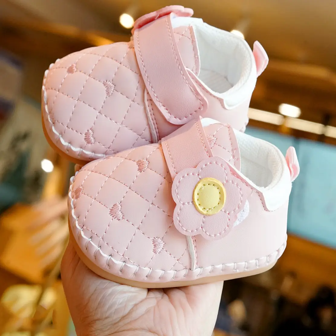 Pink Quilted Baby Shoes 0-1 Years Soft Sole Non-Slip