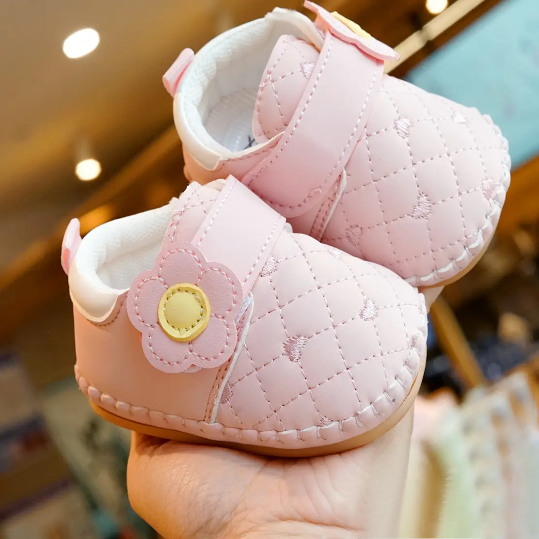Pink Quilted Baby Shoes 0-1 Years Soft Sole Non-Slip