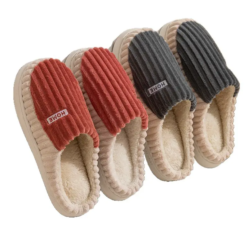 Manufacturer's Best-Selling Two-Color Splicing Vertical Striped Cotton Slippers Thick-Soled Non-Slip Warm Home Simple Couple Cotton Slippers - Image 9