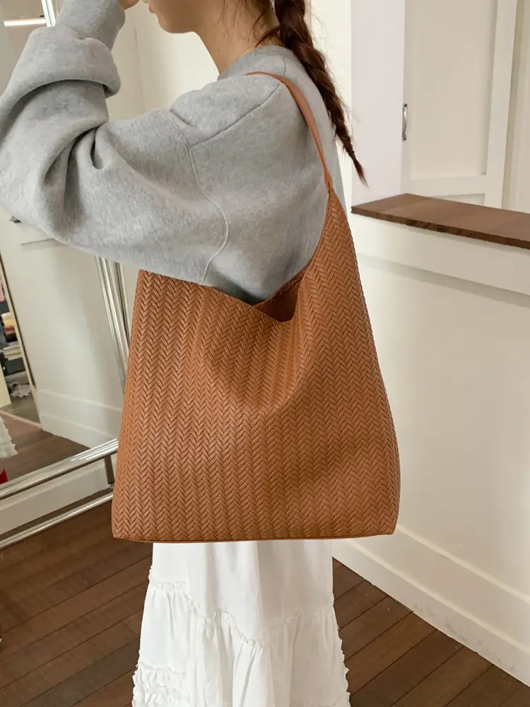 Brown Textured Tote Bag for Women Daily Commute - Image 9