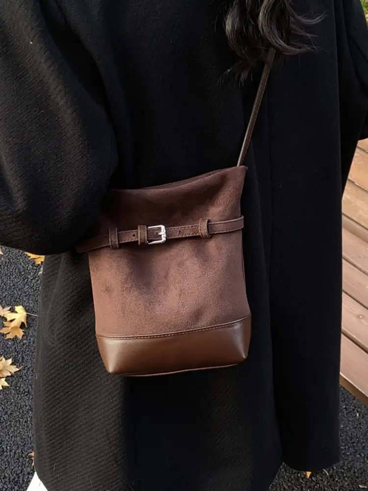 Retro Frosted Bucket Bag for Women Brown - Image 6