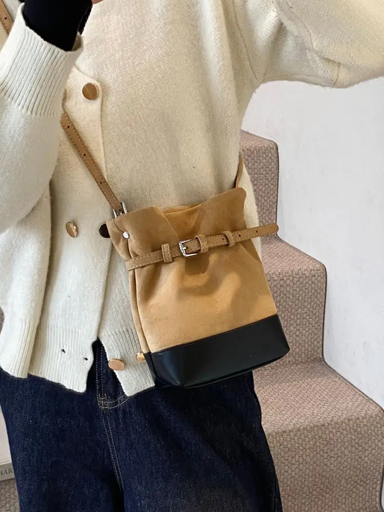 Retro Frosted Bucket Bag for Women Brown - Image 7
