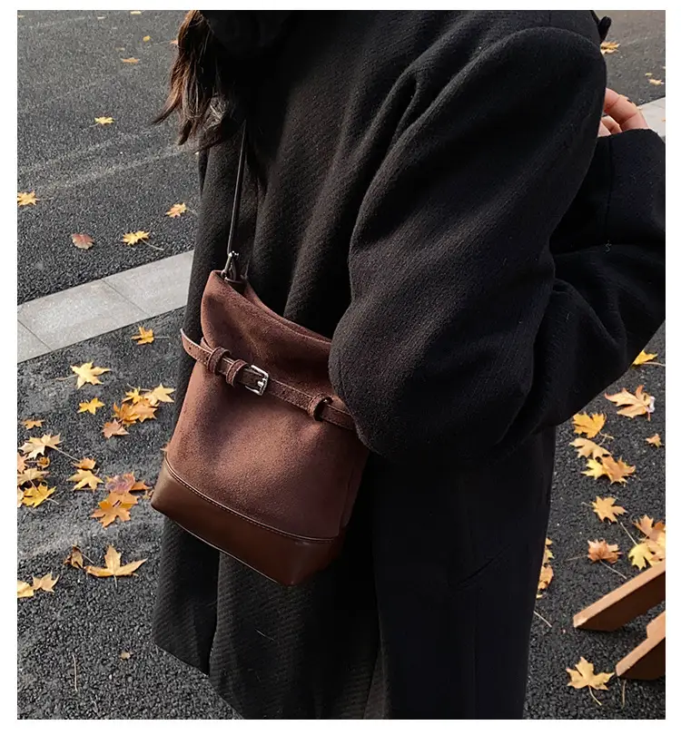 Retro Frosted Bucket Bag for Women Brown — feature 1