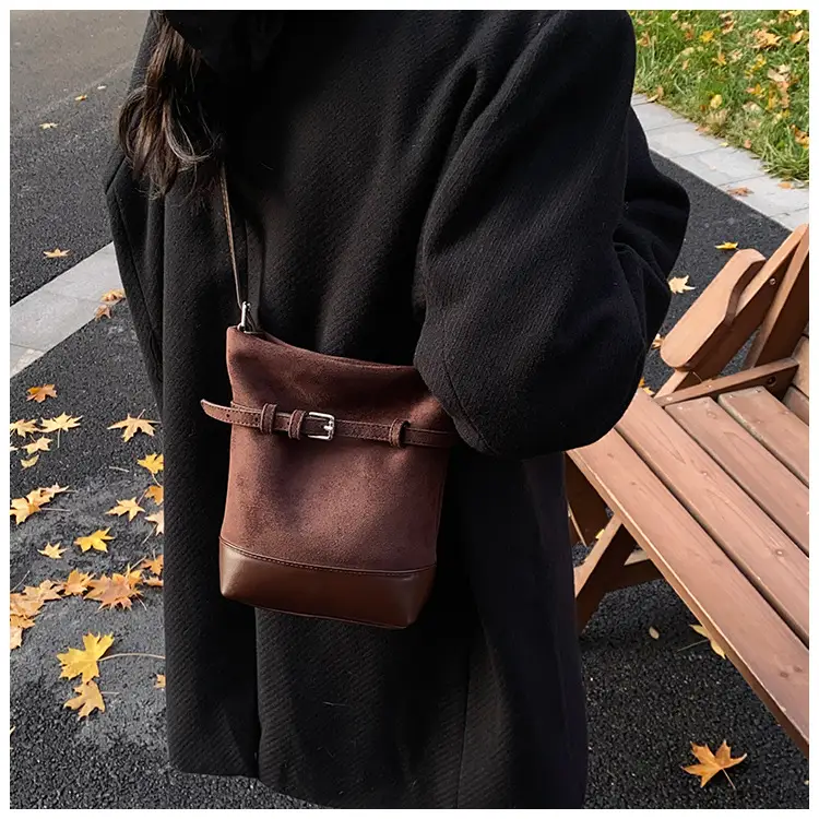 Retro Frosted Bucket Bag for Women Brown — feature 11