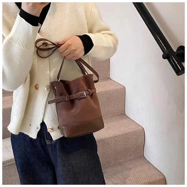 Retro Frosted Bucket Bag for Women Brown — feature 15