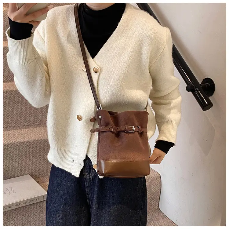 Retro Frosted Bucket Bag for Women Brown — feature 16