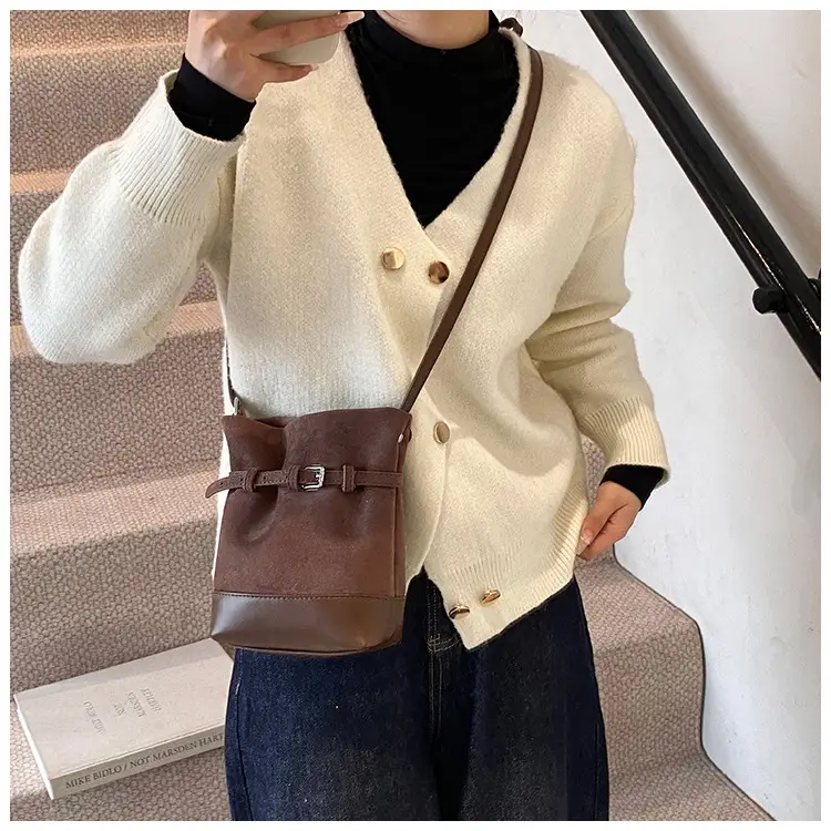 Retro Frosted Bucket Bag for Women Brown — feature 17