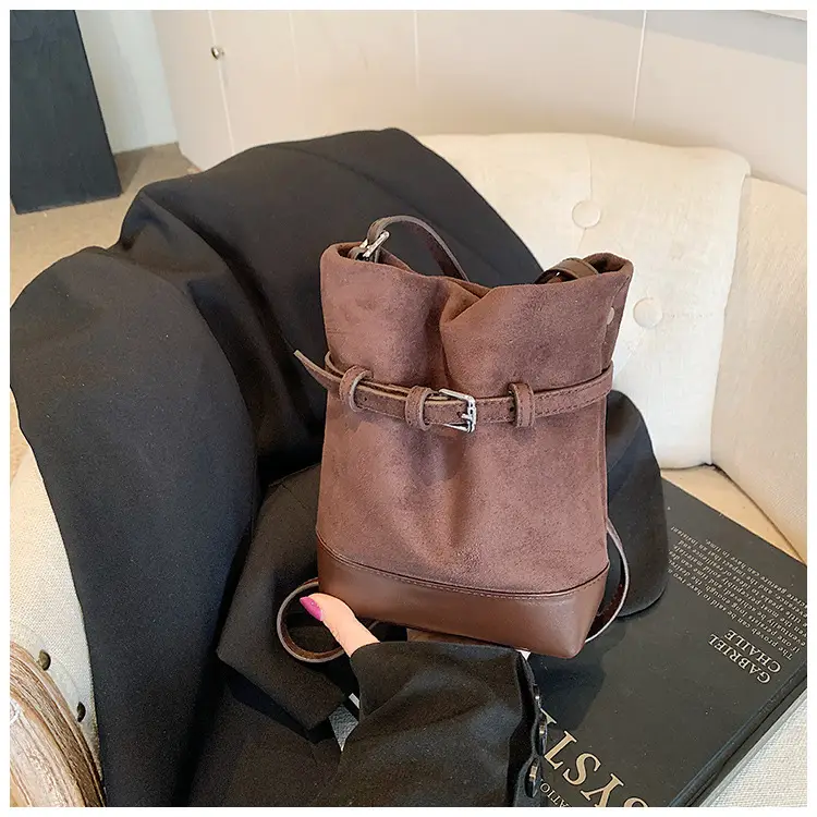 Retro Frosted Bucket Bag for Women Brown — feature 22