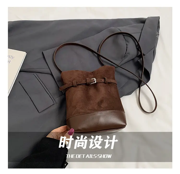 Retro Frosted Bucket Bag for Women Brown — feature 5