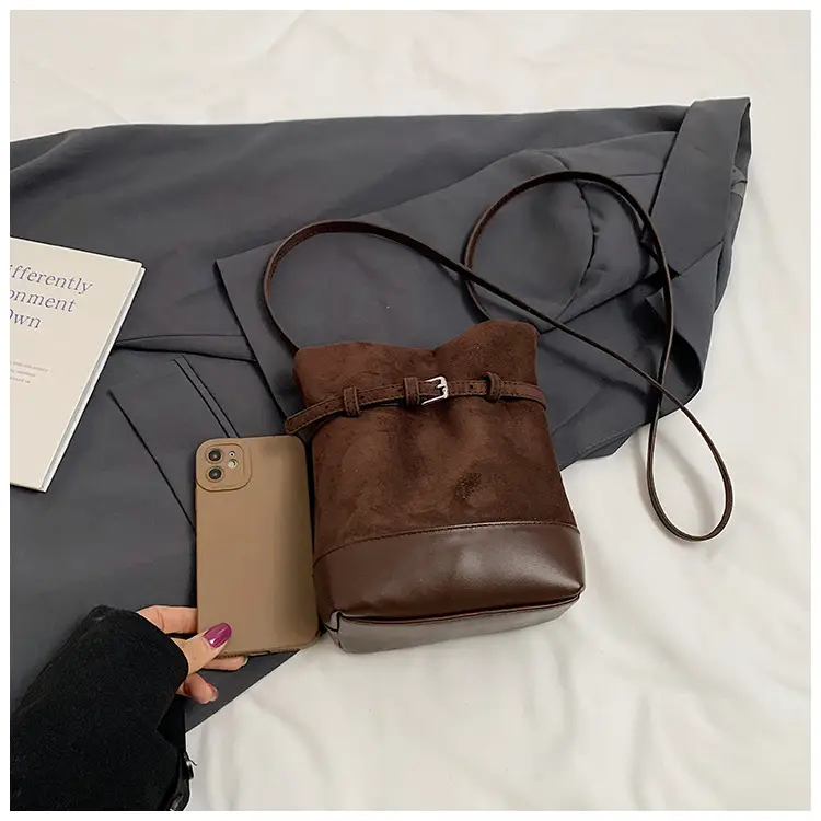 Retro Frosted Bucket Bag for Women Brown — feature 7