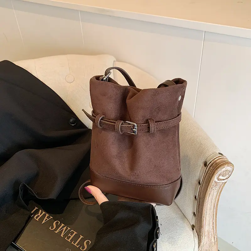Retro Frosted Bucket Bag for Women Brown - Image 2