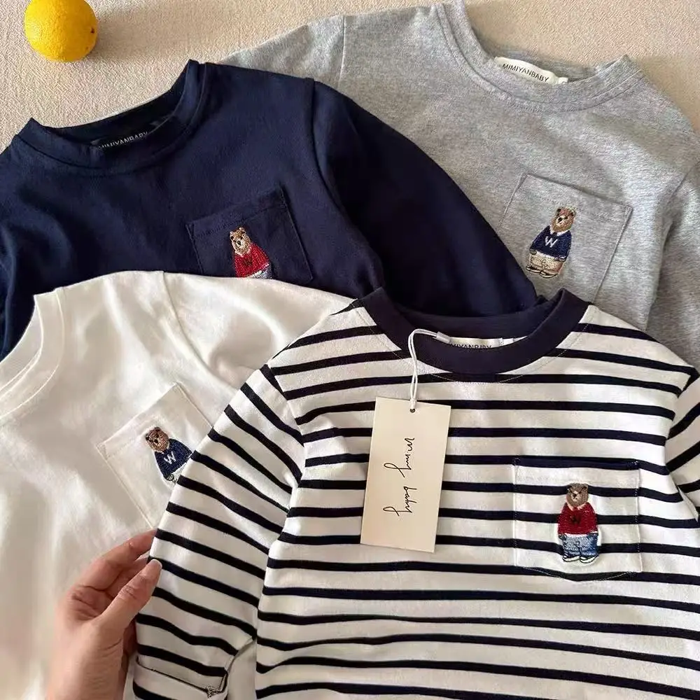 Blue Long Sleeve T-Shirt for Boys with Bear Embroidery - Image 7