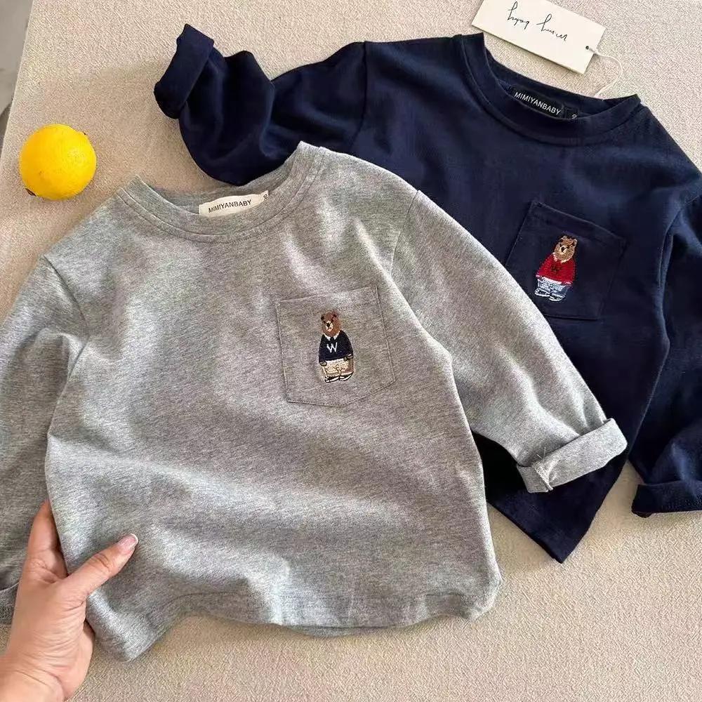 Blue Long Sleeve T-Shirt for Boys with Bear Embroidery - Image 8