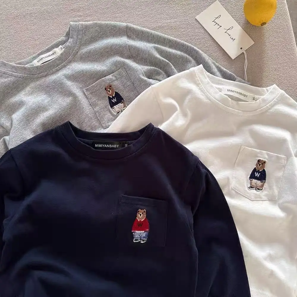 Blue Long Sleeve T-Shirt for Boys with Bear Embroidery — feature 7