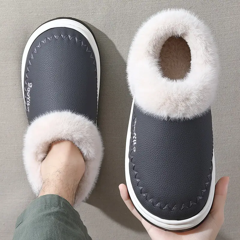 Pu Waterproof Cotton Slippers for Women in Winter with Velvet and Thick Plush to Keep Men Warm in Winter Outer Cotton Shoes for Men Wholesale