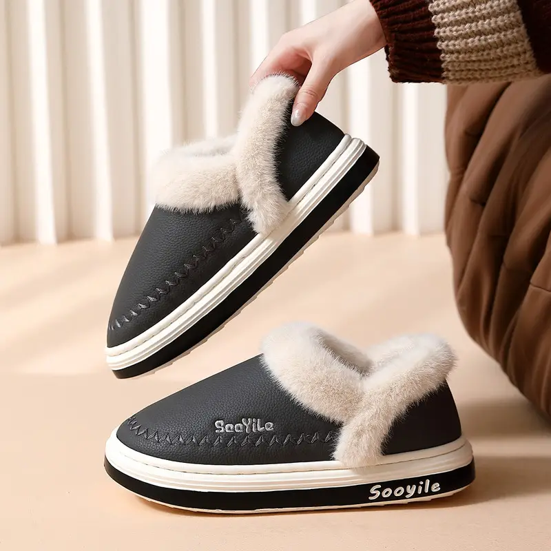 Pu Waterproof Cotton Slippers for Women in Winter with Velvet and Thick Plush to Keep Men Warm in Winter Outer Cotton Shoes for Men Wholesale