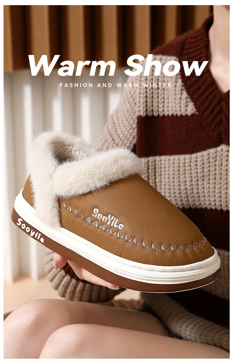 Pu Waterproof Cotton Slippers for Women in Winter with Velvet and Thick Plush to Keep Men Warm in Winter Outer Cotton Shoes for Men Wholesale — feature 7