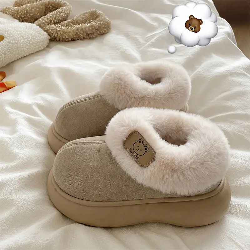 Pu Waterproof Cotton Slippers for Women in Winter with Velvet and Thick Plush to Keep Men Warm in Winter Outer Cotton Shoes for Men Wholesale