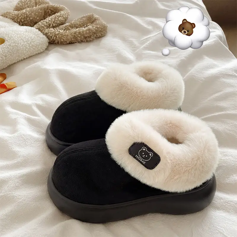 Pu Waterproof Cotton Slippers for Women in Winter with Velvet and Thick Plush to Keep Men Warm in Winter Outer Cotton Shoes for Men Wholesale